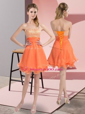 Beauteous Orange Chiffon Lace Up Sweetheart Sleeveless Mini Length Evening Dress Beading