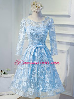 Long Sleeves Mini Length Beading and Appliques Lace Up Prom Party Dress with Light Blue