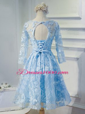 Long Sleeves Mini Length Beading and Appliques Lace Up Prom Party Dress with Light Blue