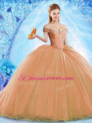 Orange Sleeveless Organza Brush Train Lace Up Sweet 16 Dresses for Military Ball and Sweet 16 and Quinceanera