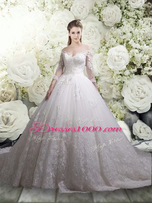 Chic 3 4 Length Sleeve Chapel Train Zipper Lace Bridal Gown