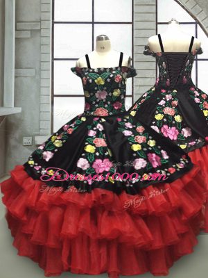 Hot Sale Red And Black Ball Gowns Off The Shoulder Sleeveless Organza Floor Length Lace Up Embroidery and Ruffled Layers Pageant Gowns For Girls