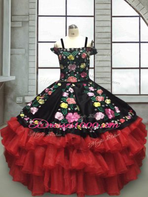 Hot Sale Red And Black Ball Gowns Off The Shoulder Sleeveless Organza Floor Length Lace Up Embroidery and Ruffled Layers Pageant Gowns For Girls