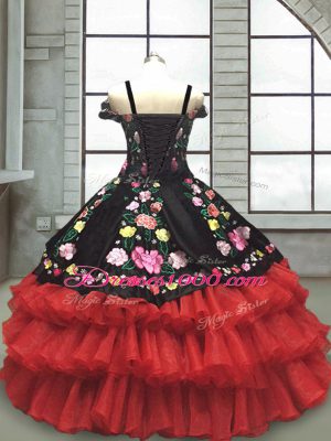 Hot Sale Red And Black Ball Gowns Off The Shoulder Sleeveless Organza Floor Length Lace Up Embroidery and Ruffled Layers Pageant Gowns For Girls