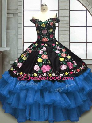 Excellent Organza and Taffeta Sweetheart Sleeveless Lace Up Embroidery and Ruffled Layers Quinceanera Dress in Blue And Black