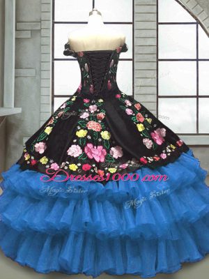 Excellent Organza and Taffeta Sweetheart Sleeveless Lace Up Embroidery and Ruffled Layers Quinceanera Dress in Blue And Black