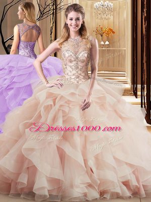 Best Peach Tulle Lace Up Scoop Sleeveless Quinceanera Gowns Brush Train Beading and Ruffles