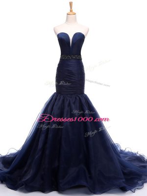 Navy Blue Winning Pageant Gowns Sweetheart Sleeveless Court Train Lace Up