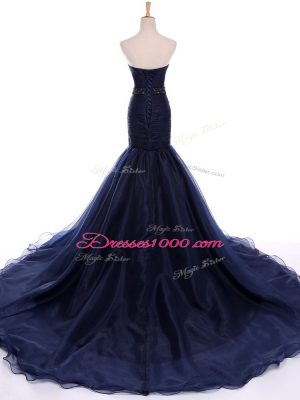 Navy Blue Winning Pageant Gowns Sweetheart Sleeveless Court Train Lace Up