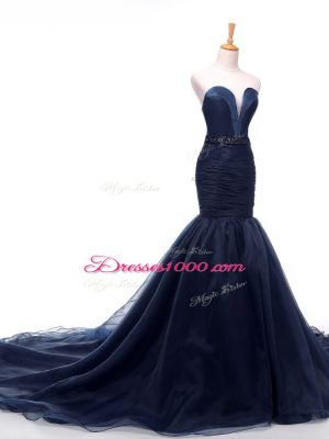 Navy Blue Winning Pageant Gowns Sweetheart Sleeveless Court Train Lace Up