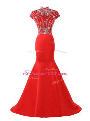 Short Sleeves Satin Sweep Train Zipper Prom Dresses in Coral Red with Beading