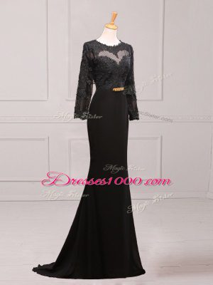 Graceful Black Side Zipper Scoop Lace and Appliques and Belt Mother of Groom Dress Chiffon Long Sleeves Brush Train