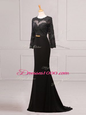 Graceful Black Side Zipper Scoop Lace and Appliques and Belt Mother of Groom Dress Chiffon Long Sleeves Brush Train