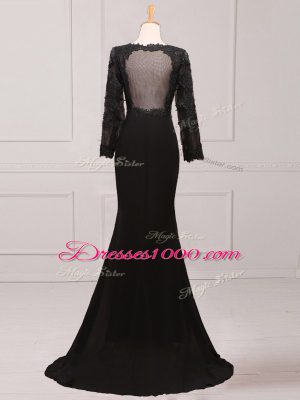 Graceful Black Side Zipper Scoop Lace and Appliques and Belt Mother of Groom Dress Chiffon Long Sleeves Brush Train