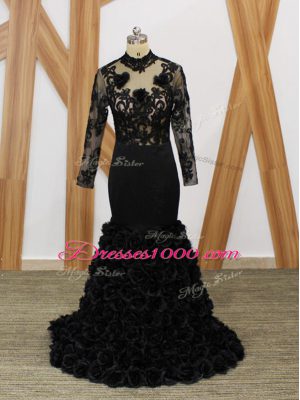 New Arrival High-neck Long Sleeves Fabric With Rolling Flowers Mother Dresses Beading and Lace and Appliques and Hand Made Flower Brush Train Backless