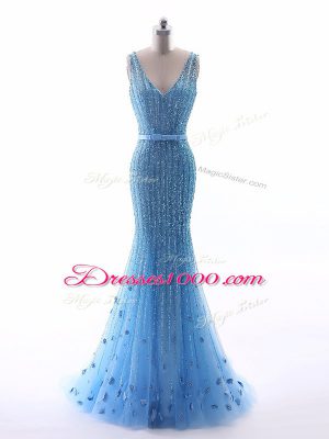 Mermaid Juniors Evening Dress Baby Blue V-neck Tulle Sleeveless Floor Length Zipper