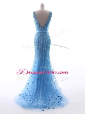 Mermaid Juniors Evening Dress Baby Blue V-neck Tulle Sleeveless Floor Length Zipper