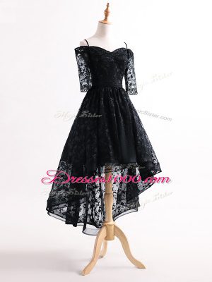 Pretty Tulle Straps Half Sleeves Lace Up Lace Prom Dress in Black