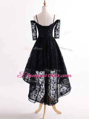 Pretty Tulle Straps Half Sleeves Lace Up Lace Prom Dress in Black