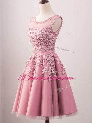 Best Selling Pink A-line Tulle Scoop Sleeveless Lace Knee Length Lace Up Vestidos de Damas