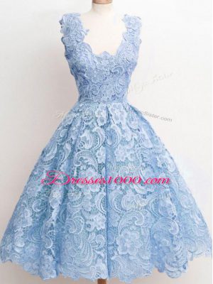 Adorable Light Blue Lace Zipper Straps Sleeveless Knee Length Wedding Guest Dresses Lace
