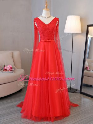 V-neck Sleeveless Prom Gown Floor Length Lace and Belt Red Tulle