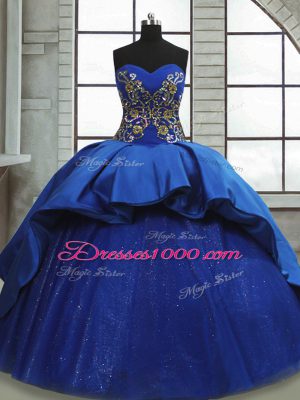 Royal Blue Satin and Tulle Lace Up Quinceanera Gown Sleeveless Sweep Train Beading and Appliques