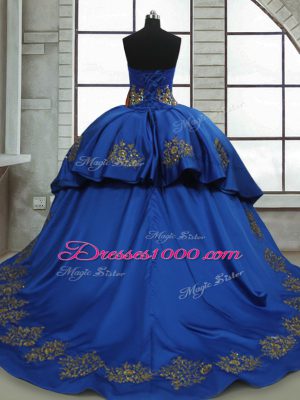 Royal Blue Satin and Tulle Lace Up Quinceanera Gown Sleeveless Sweep Train Beading and Appliques