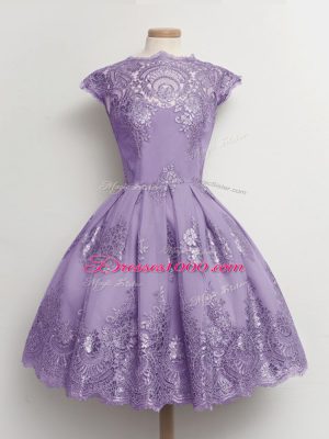 Lace Bridesmaid Gown Lavender Lace Up Cap Sleeves Knee Length