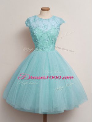 Aqua Blue Lace Up Scoop Lace Wedding Party Dress Tulle Cap Sleeves