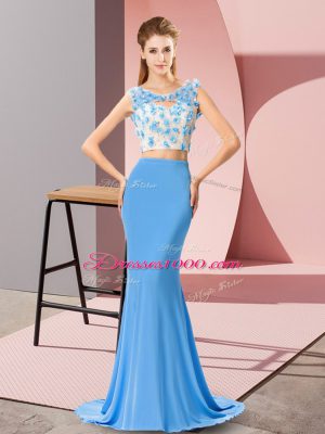 Comfortable Scoop Sleeveless Chiffon Prom Dresses Beading and Hand Made Flower Brush Train Zipper