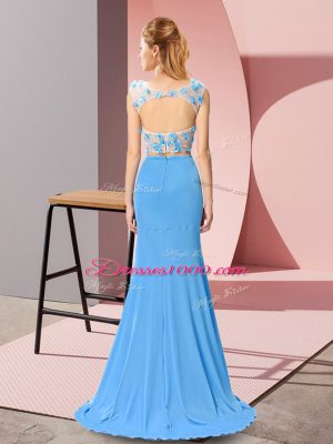 Comfortable Scoop Sleeveless Chiffon Prom Dresses Beading and Hand Made Flower Brush Train Zipper