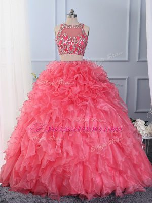 Affordable Hot Pink Sleeveless Beading and Ruffles Floor Length Quinceanera Dress