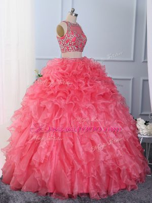 Affordable Hot Pink Sleeveless Beading and Ruffles Floor Length Quinceanera Dress