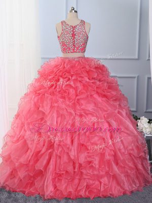 Affordable Hot Pink Sleeveless Beading and Ruffles Floor Length Quinceanera Dress