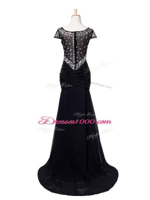 Shining Black Elastic Woven Satin Zipper Scoop Cap Sleeves Prom Evening Gown Brush Train Beading and Ruching