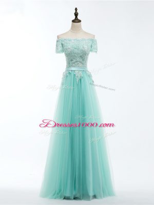 Excellent Apple Green Short Sleeves Tulle Lace Up Evening Dresses for Prom and Party and Military Ball and Sweet 16