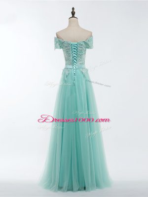 Excellent Apple Green Short Sleeves Tulle Lace Up Evening Dresses for Prom and Party and Military Ball and Sweet 16