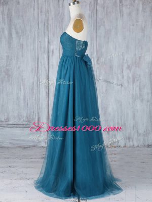 Dramatic Appliques Bridesmaids Dress Teal Side Zipper Sleeveless Floor Length