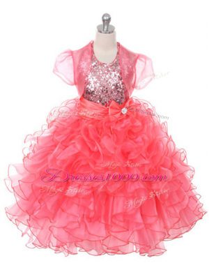 Scoop Sleeveless Lace Up Little Girls Pageant Dress Coral Red Organza