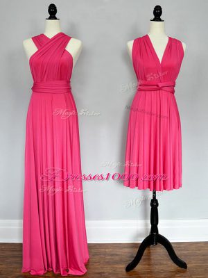 Low Price Hot Pink Chiffon Lace Up Bridesmaid Dress Sleeveless Floor Length Ruching