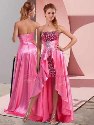 Rose Pink Empire Sweetheart Sleeveless Elastic Woven Satin High Low Zipper Beading and Sequins and Ruching Prom Evening Gown