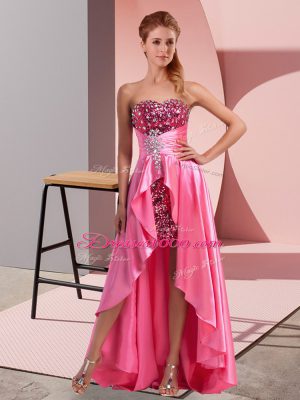 Rose Pink Empire Sweetheart Sleeveless Elastic Woven Satin High Low Zipper Beading and Sequins and Ruching Prom Evening Gown