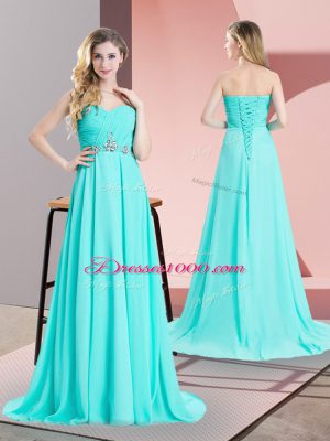 Vintage Aqua Blue Lace Up Going Out Dresses Beading and Ruching Sleeveless Brush Train