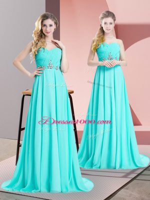 Vintage Aqua Blue Lace Up Going Out Dresses Beading and Ruching Sleeveless Brush Train