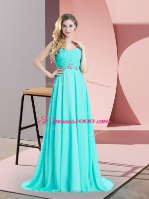 Vintage Aqua Blue Lace Up Going Out Dresses Beading and Ruching Sleeveless Brush Train