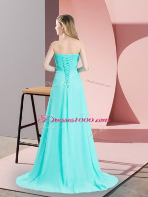 Vintage Aqua Blue Lace Up Going Out Dresses Beading and Ruching Sleeveless Brush Train