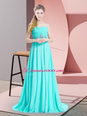 Vintage Aqua Blue Lace Up Going Out Dresses Beading and Ruching Sleeveless Brush Train