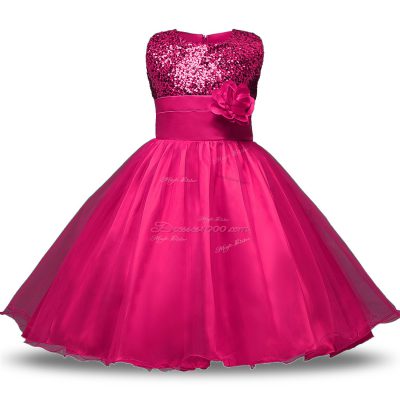 Knee Length Zipper Toddler Flower Girl Dress Hot Pink for Military Ball and Sweet 16 and Quinceanera with Belt and Hand Made Flower