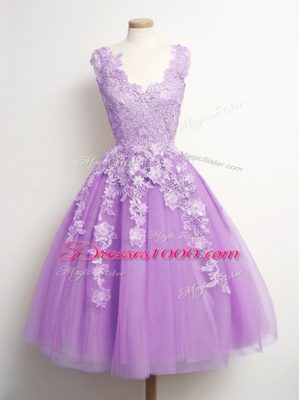 Fabulous Lilac Lace Up Dama Dress for Quinceanera Appliques Sleeveless Knee Length